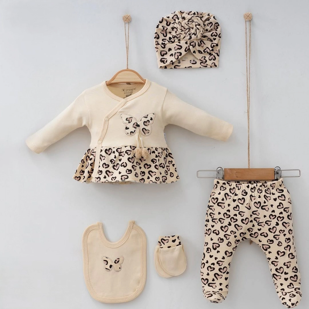 Set 5 piese fetițe – Fluturaș, Leopard, 100% Bumbac Bej [1]