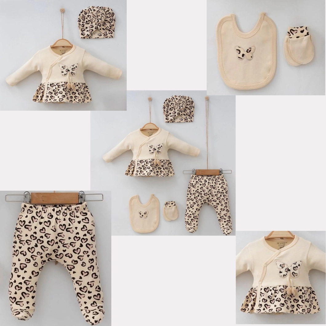 Set 5 piese fetițe – Fluturaș, Leopard, 100% Bumbac Bej [6]