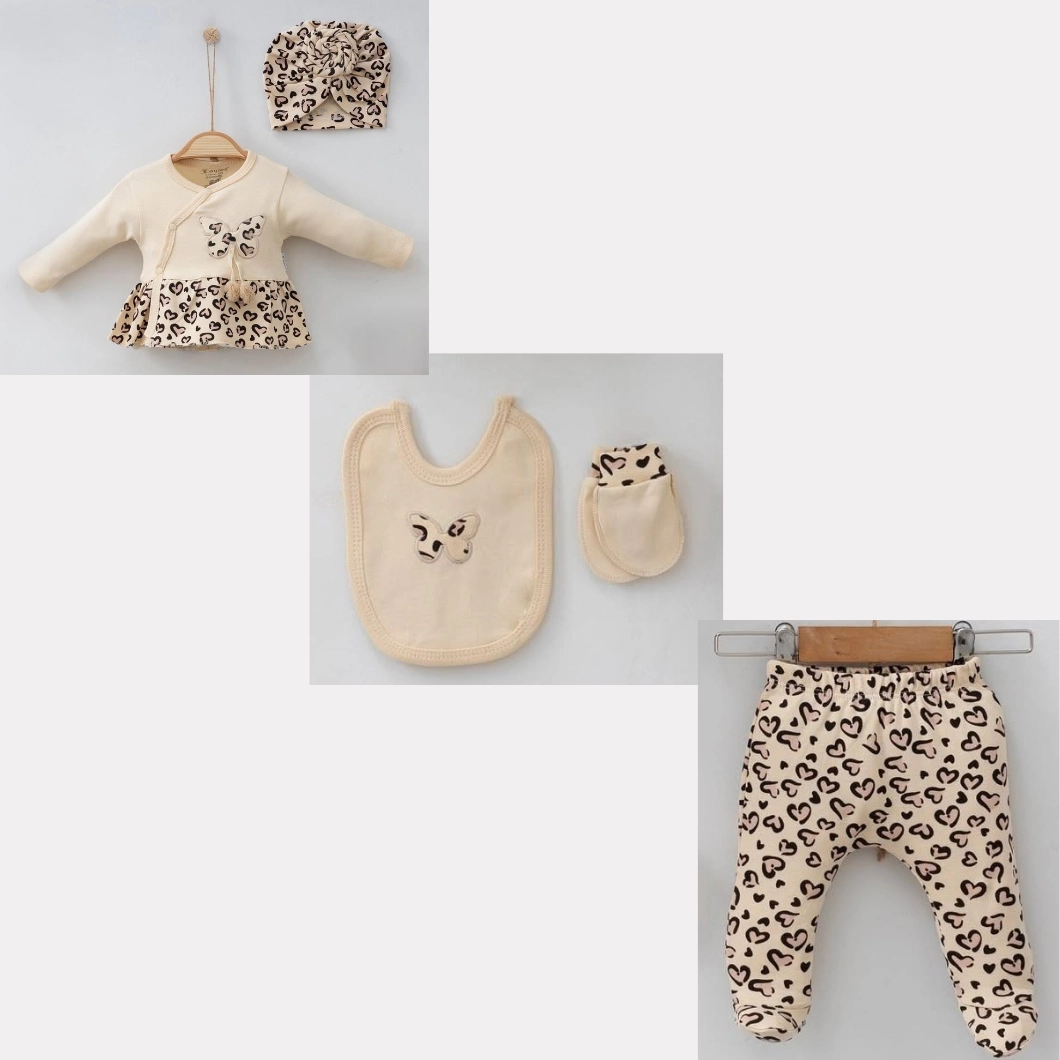 Set 5 piese fetițe – Fluturaș, Leopard, 100% Bumbac Bej [9]