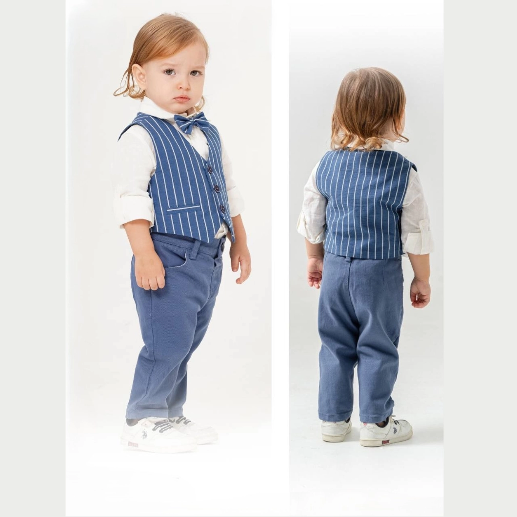 Set 3 Piese Băieței – Vestă Dungi, Cămașă Albă, Pantaloni Indigo [4]