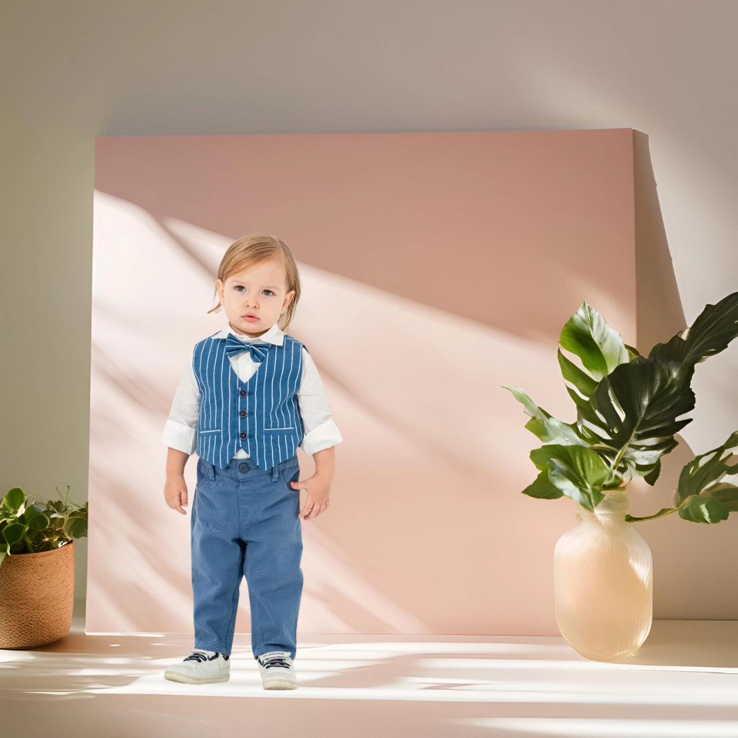 Set 3 Piese Băieței – Vestă Dungi, Cămașă Albă, Pantaloni Indigo [6]