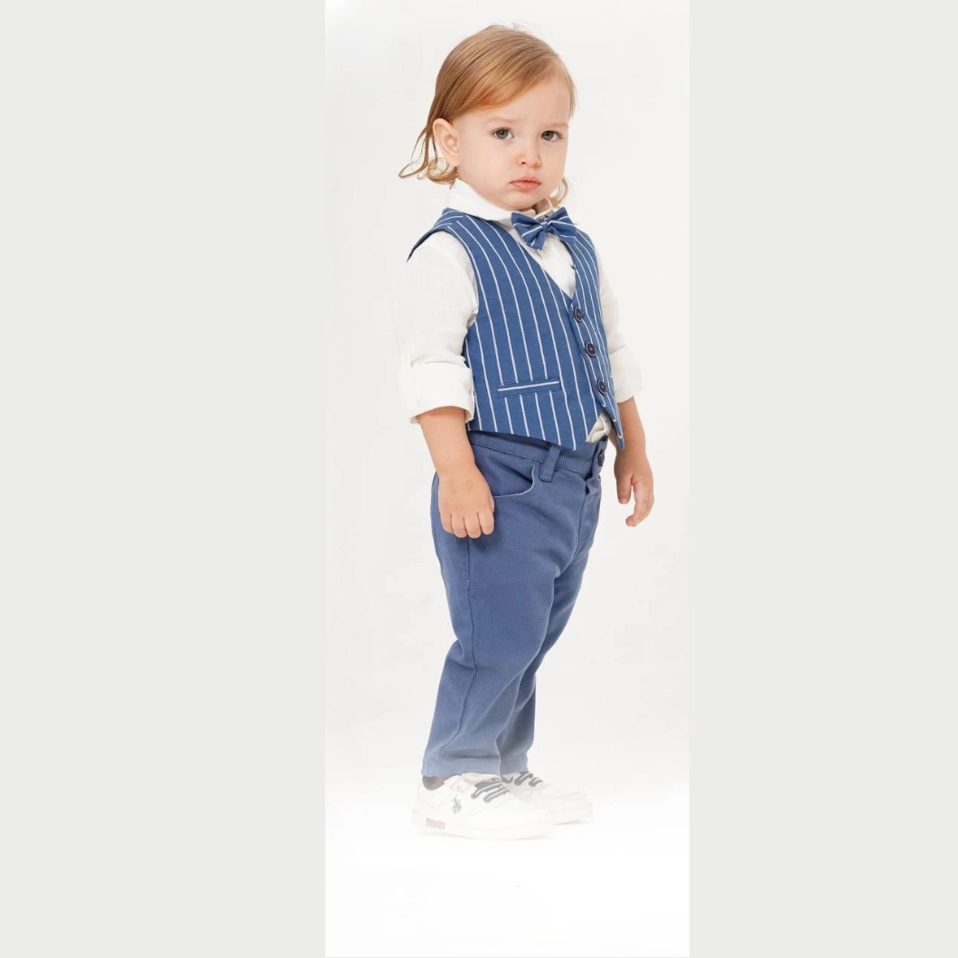Set 3 Piese Băieței – Vestă Dungi, Cămașă Albă, Pantaloni Indigo [5]
