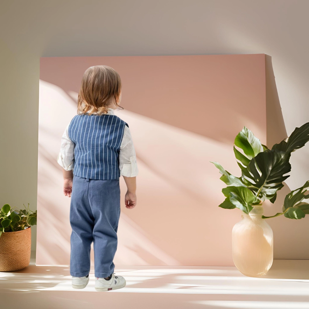 Set 3 Piese Băieței – Vestă Dungi, Cămașă Albă, Pantaloni Indigo [8]