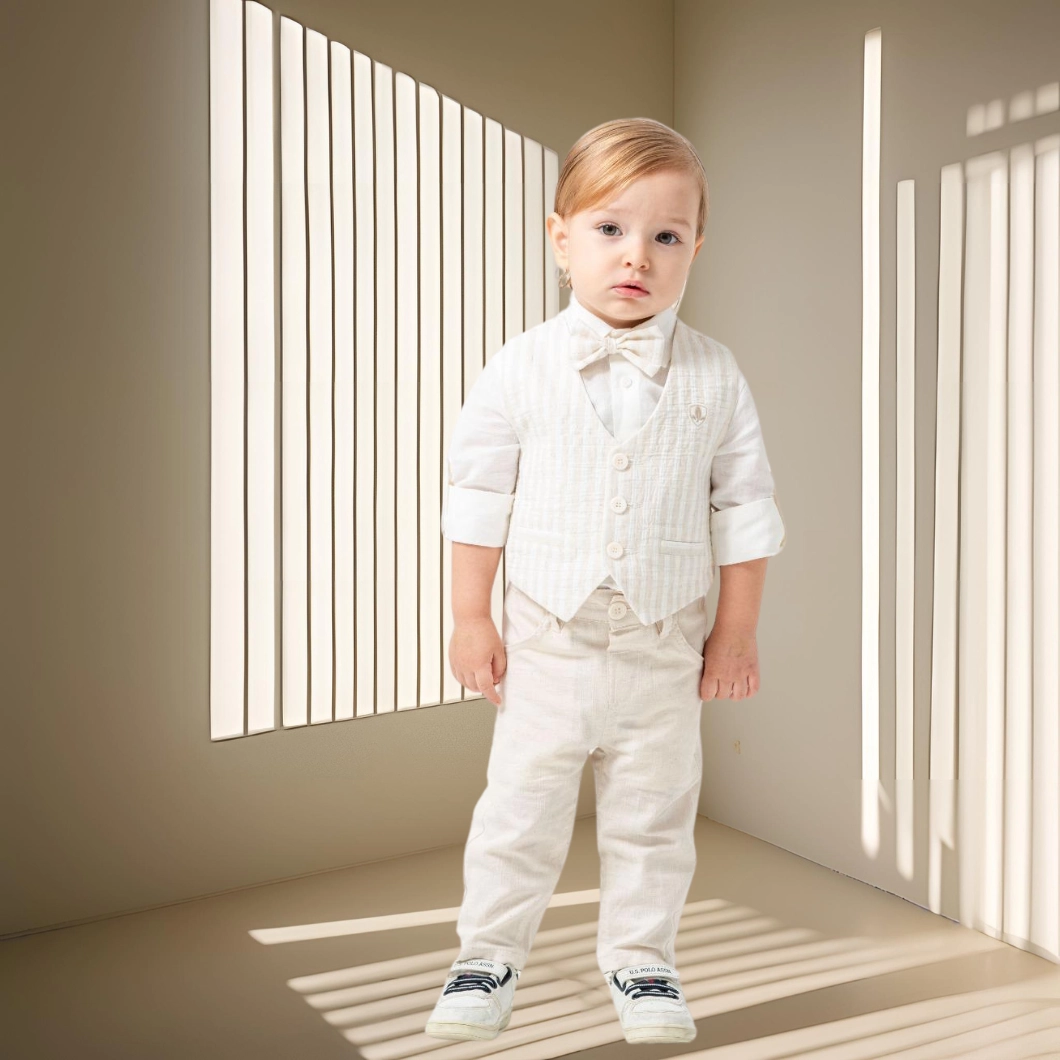 Set Casual 3 Piese Băieței Innocence, Vestă Bej, Cămașă Albă, Pantaloni Comozi [5]
