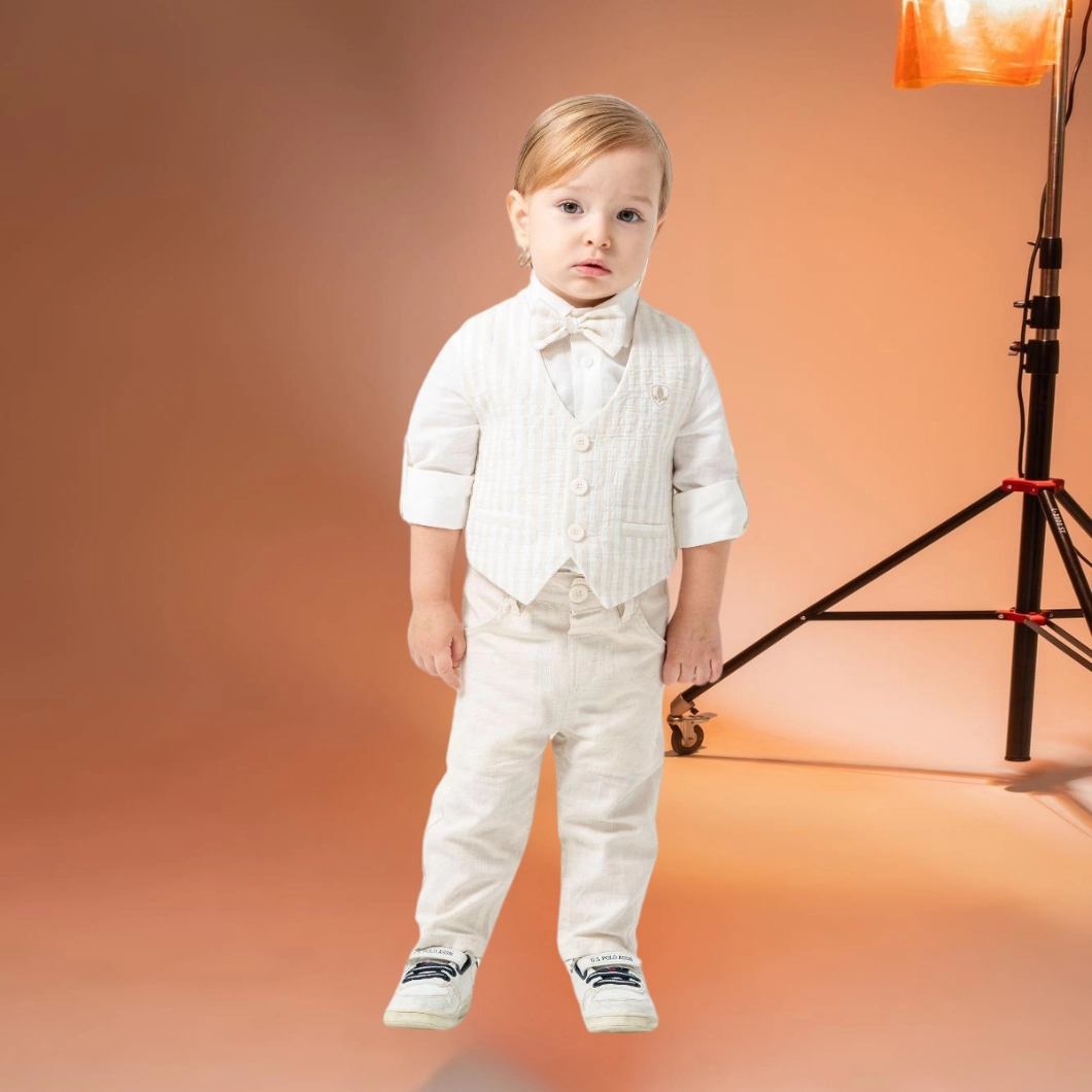 Set Casual 3 Piese Băieței Innocence, Vestă Bej, Cămașă Albă, Pantaloni Comozi [4]