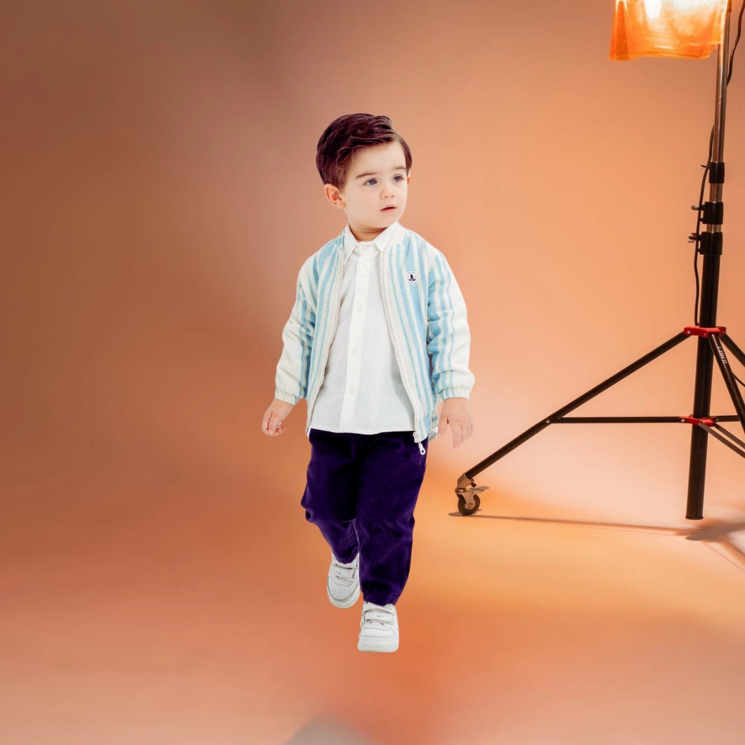 Set 3 Piese Băieței – Jachetă Dungi, Cămașă Albă, Pantaloni Bleumarin [3]