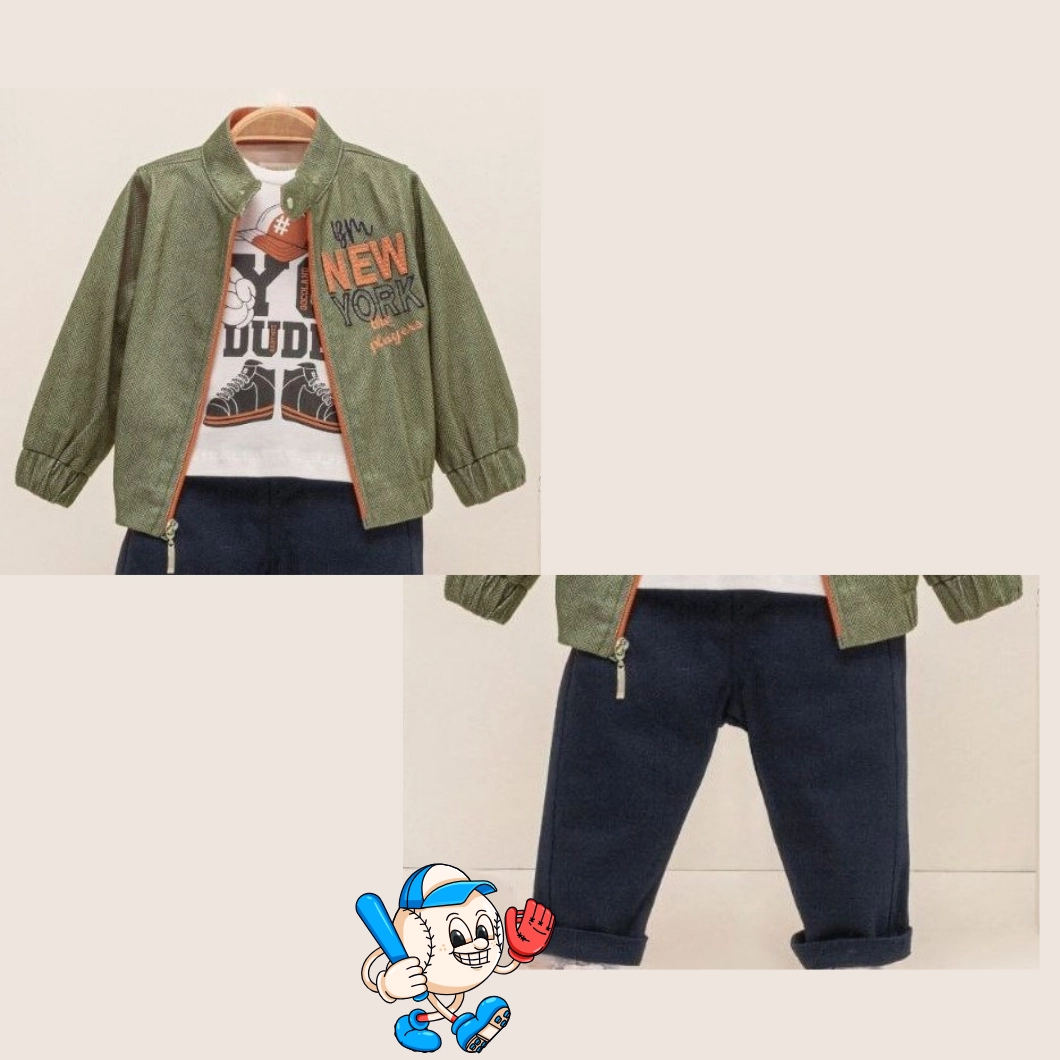 Set 3 Piese Yo Dude – Jachetă Verde, Bluză Albă și Blugi Băieți [5]