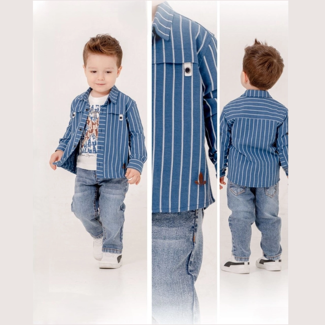 Set 3 Piese Băieței – Cămașă Dungi, Tricou Imprimeu, Blugi Comozi [4]