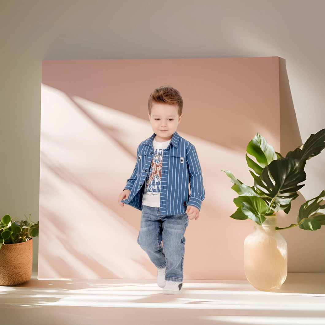 Set 3 Piese Băieței – Cămașă Dungi, Tricou Imprimeu, Blugi Comozi [1]