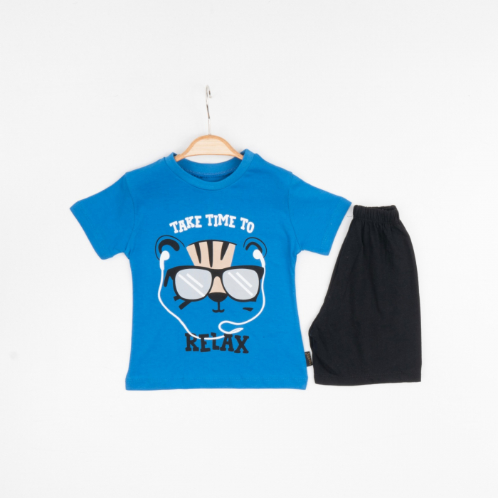 Set de Vară 2 Piese pentru Băieți - Tricou Albastru cu Imprimeu și Pantalon Scurt Negru [1]