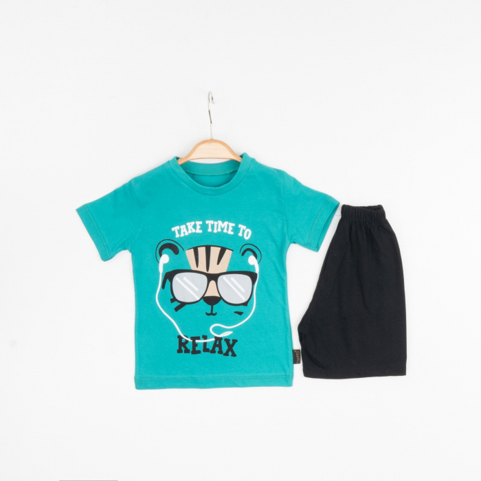 Set de Vară 2 Piese pentru Băieți Relax - Tricou Verde cu Imprimeu și Pantalon Scurt Negru [2]