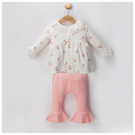 SETURI ȘI SALOPETE - Set 2 Piese Fetițe "Floral Elegance" - Bluziță Albă și Pantaloni cu Volănașe