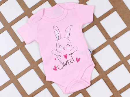 FETE - Body Bebeluși Fetite "Sweet Bunny" - Roz Deschis, 100% Bumbac, Mânecă Scurtă