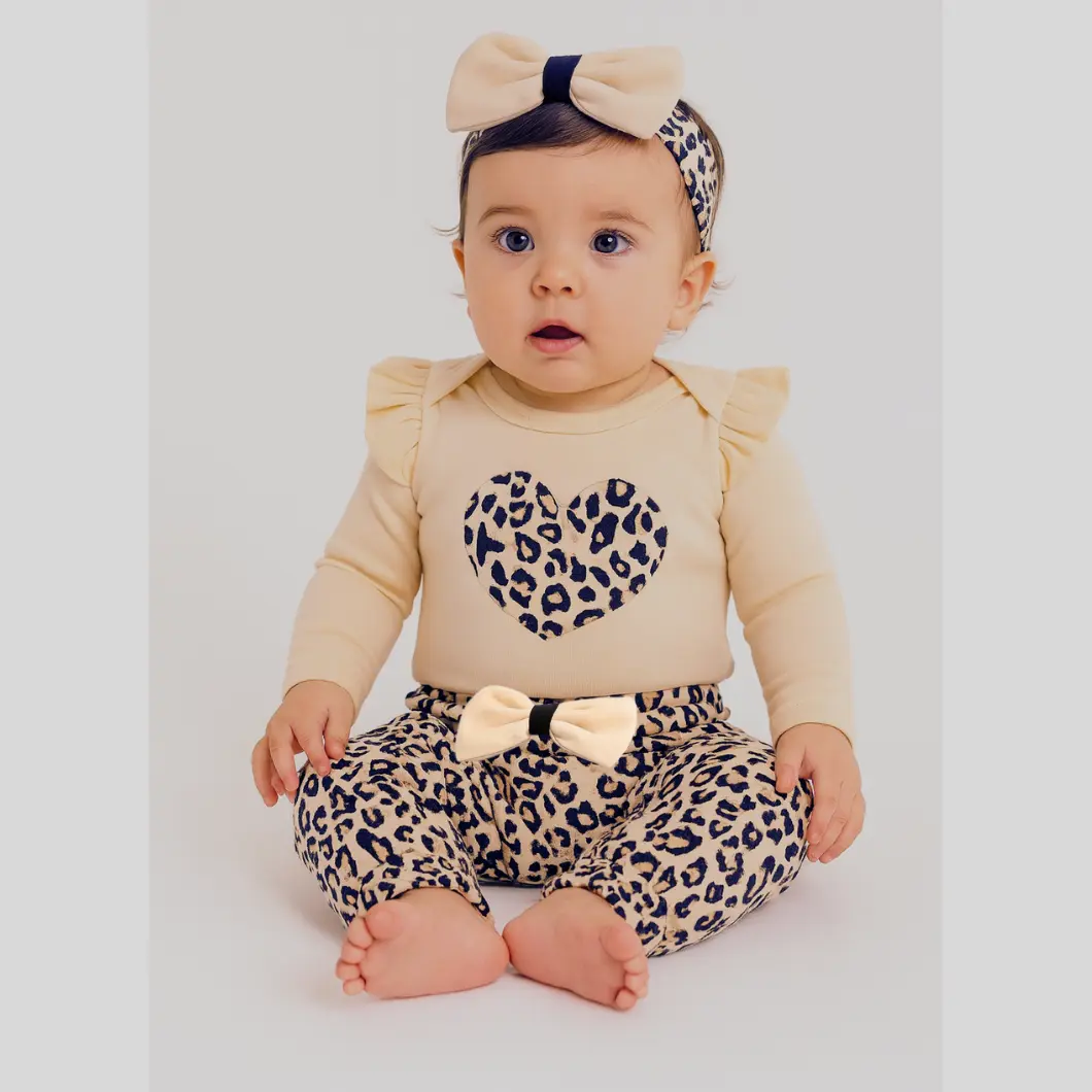 Compleu 2 piese fetițe bebeluși, body bej și pantaloni leopard, bentiță inclusă, 100% bumbac
