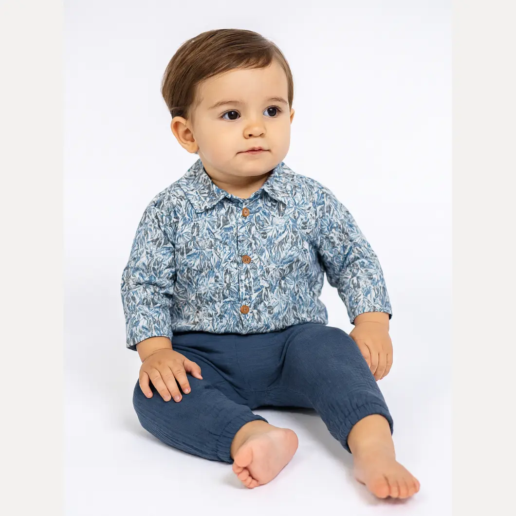 BEBELUȘI 0-24 Luni - Compleu 2 Piese pentru Băieței, 100% Bumbac Muselină, Cămașă Florală și Pantaloni Gri Petrol