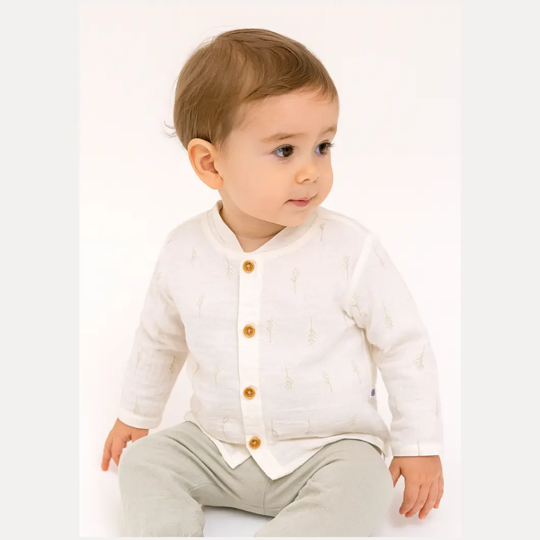 Compleu 2 Piese de Băieței, 100% Bumbac Muselină, Cămașă Ecru și Pantaloni Vernil [2]