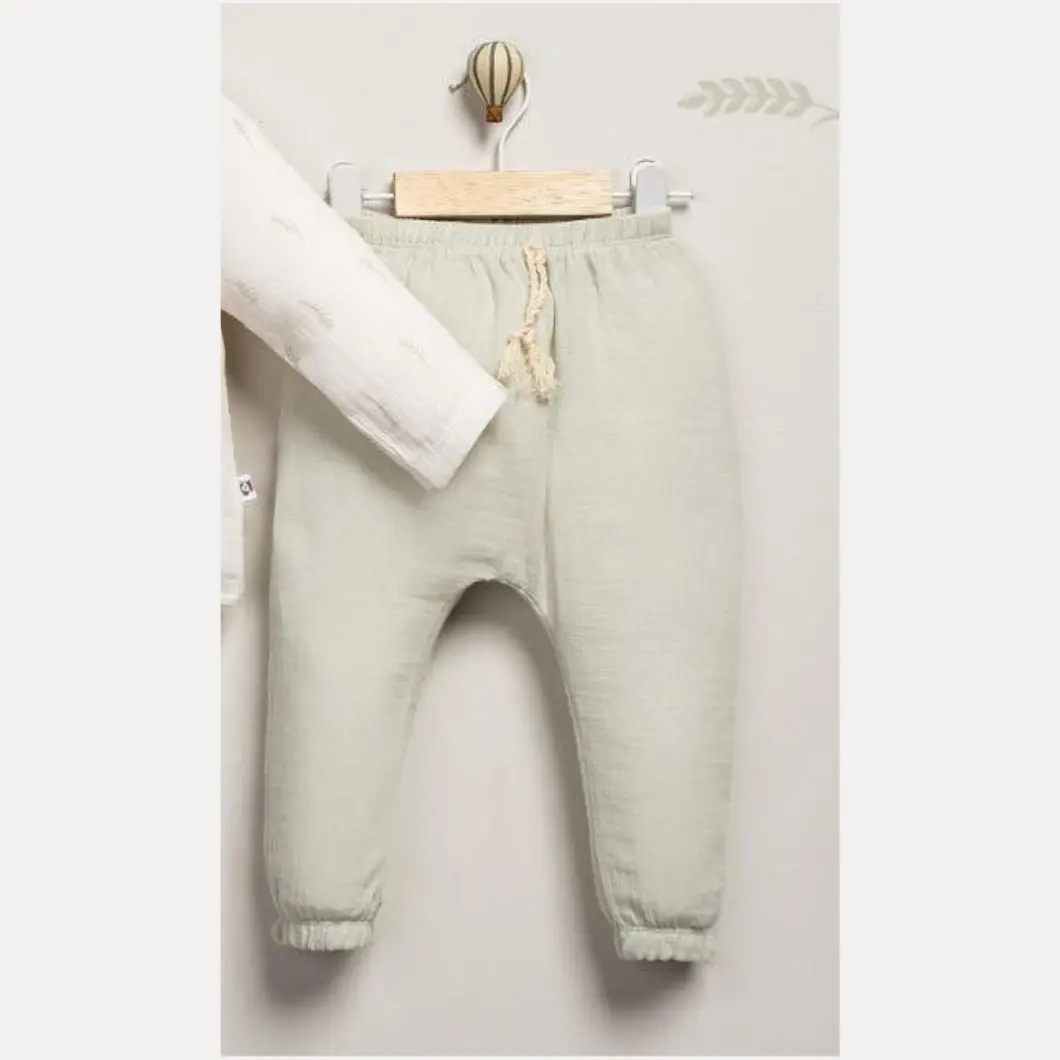 Compleu 2 Piese de Băieței, 100% Bumbac Muselină, Cămașă Ecru și Pantaloni Vernil [4]