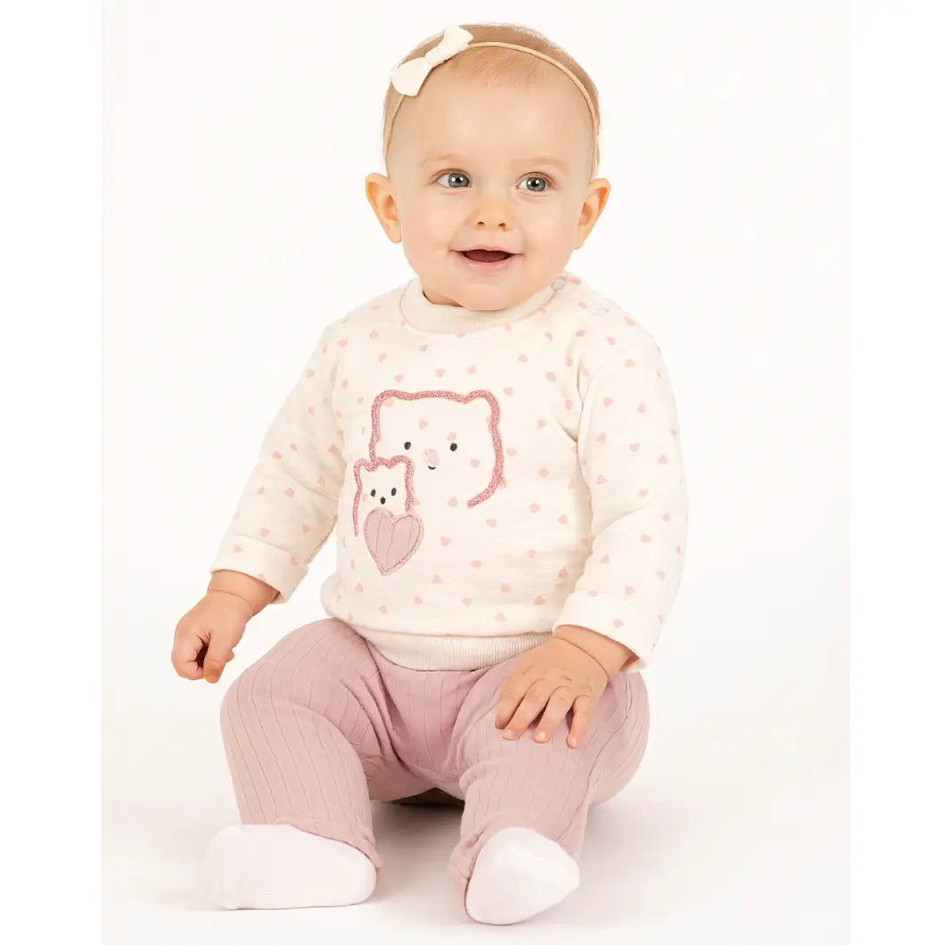 SETURI ȘI SALOPETE - Set 2 piese fetițe – Bluza inimioare și pantaloni roz pudră