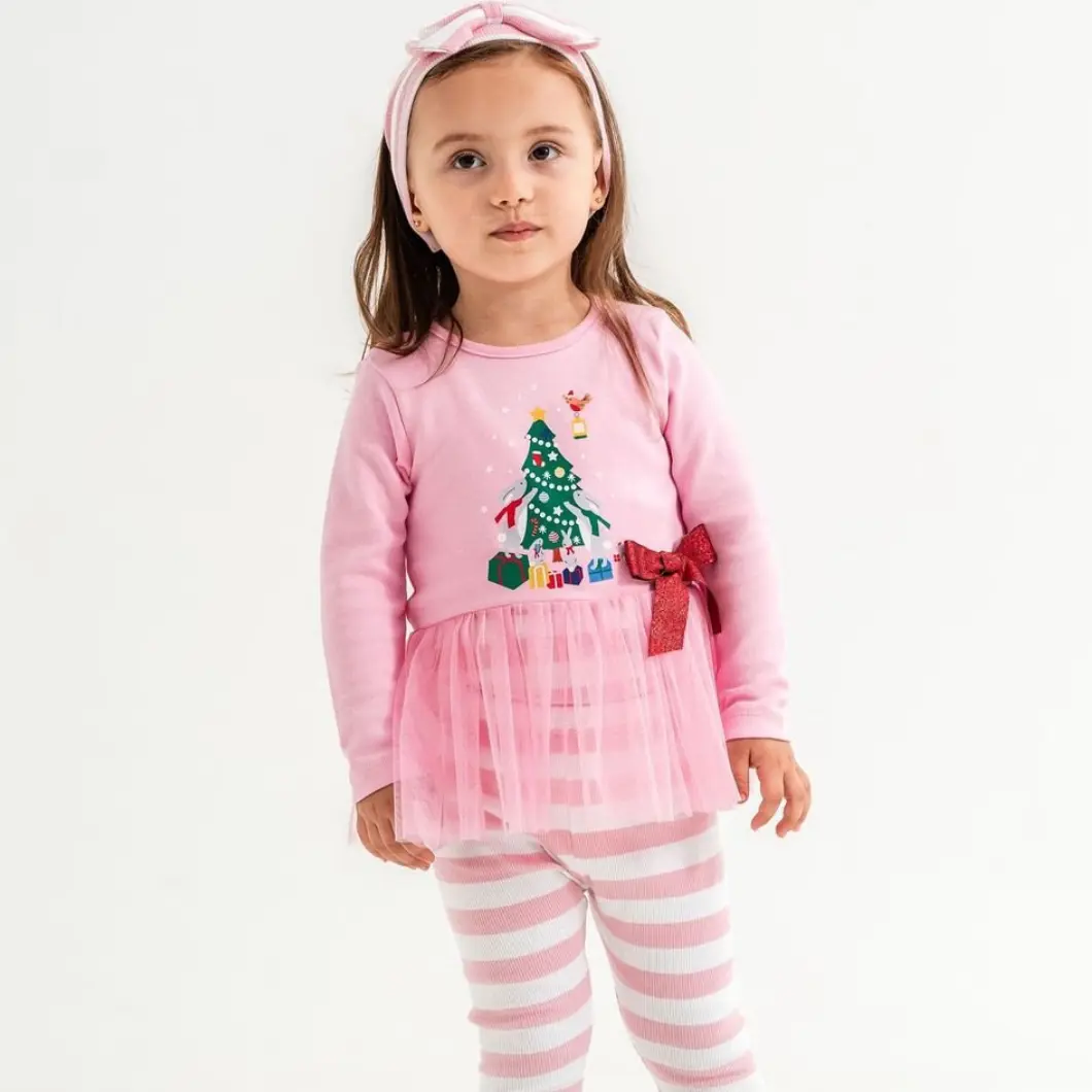 Set 3 piese fetițe roz, Crăciun, cu bluziță, pantaloni și bentiță [1]