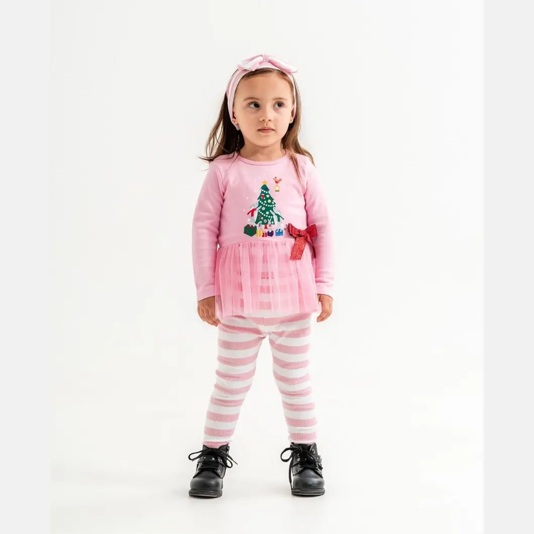 CRĂCIUN - Set 3 piese fetițe roz, Crăciun, cu bluziță, pantaloni și bentiță