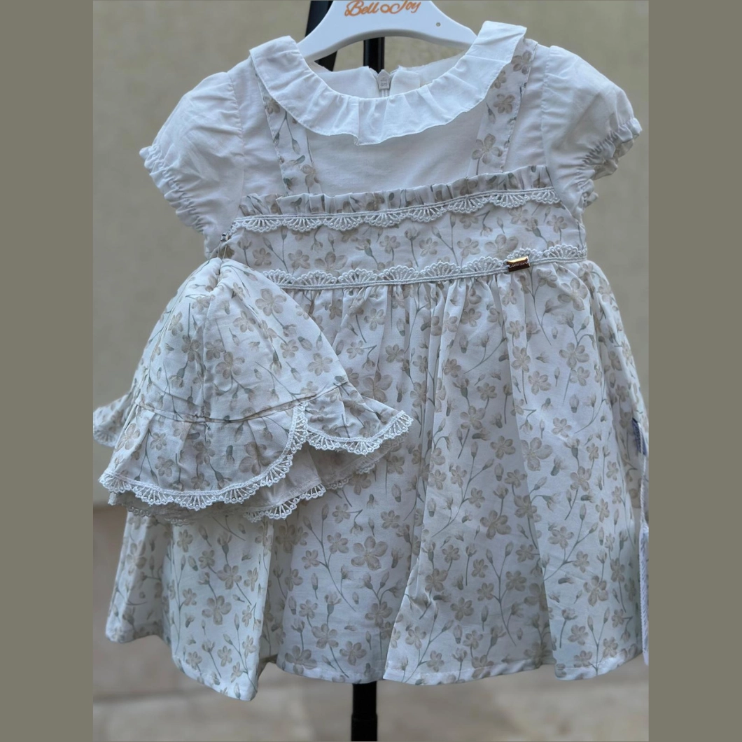 Rochiță cu Pălărie Fetițe - Organza Bej, Bumbac Organic, Floral, Jupă Tulle [12]
