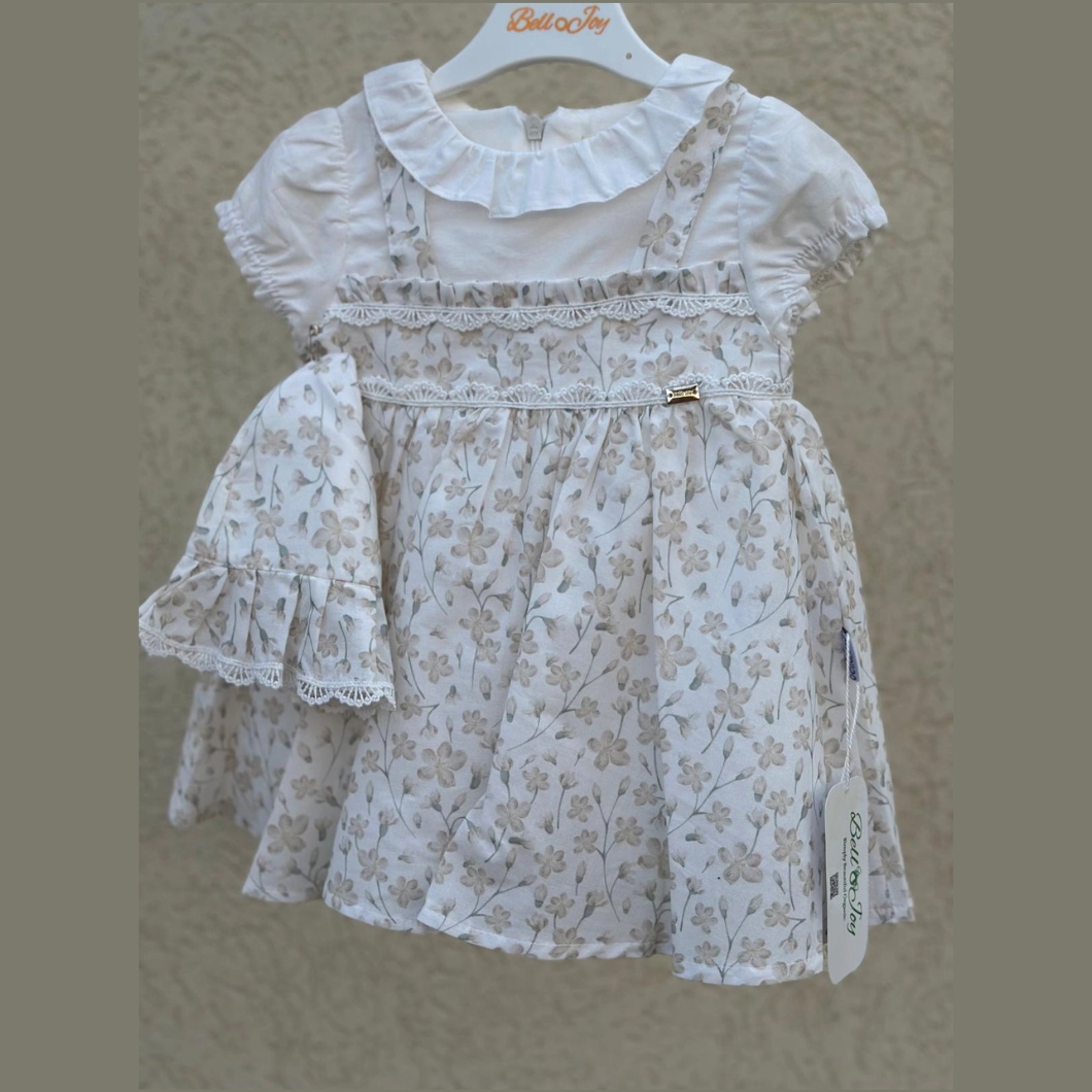 ROCHIȚE - Rochiță cu Pălărie Fetițe - Organza Bej, Bumbac Organic, Floral, Jupă Tulle