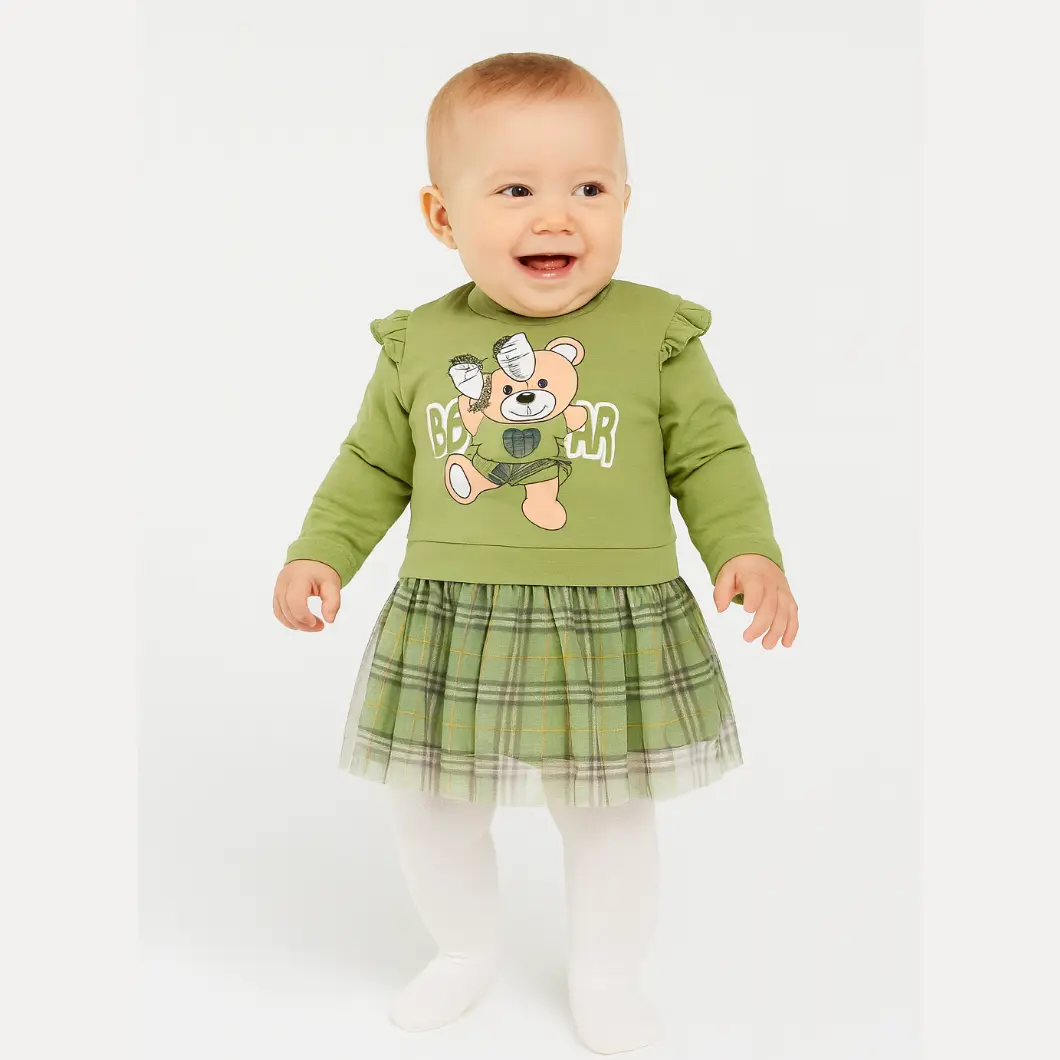 Rochiță Fetițe BurBear – Verde cu Ursuleț și Fustiță în Carouri