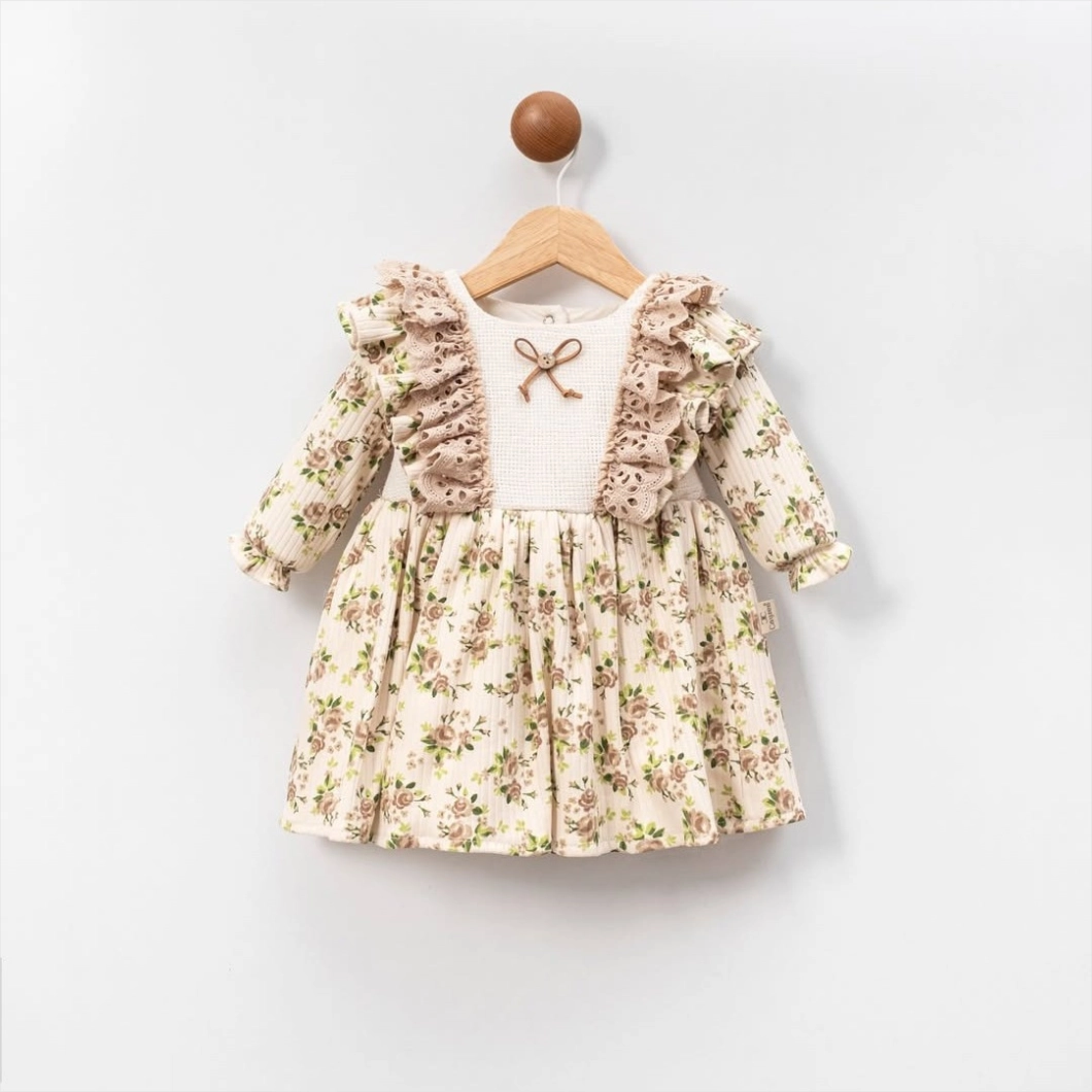 ROCHIȚE - Rochiță fetițe cu volănașe, dantelă bej și imprimeu floral vintage