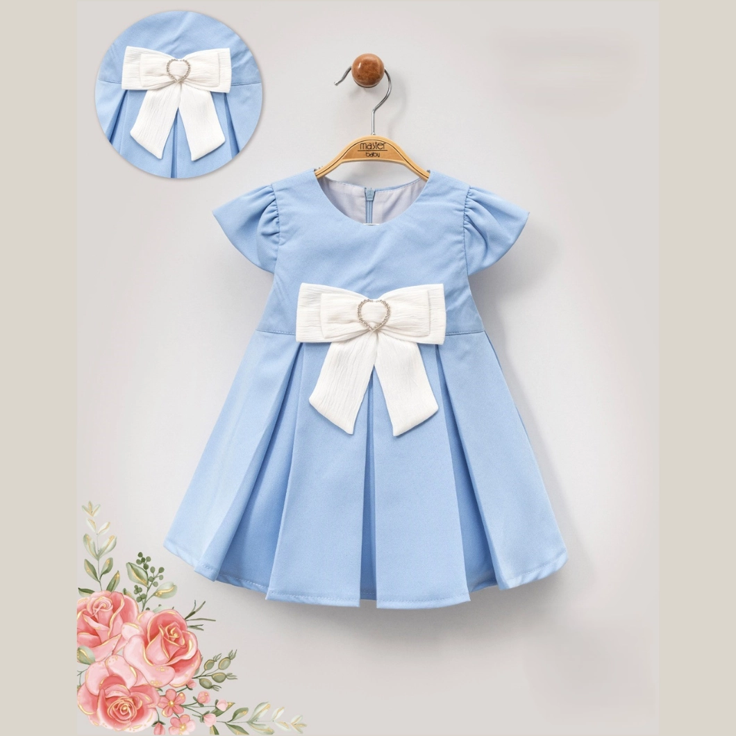 ROCHII - Rochiță Anastasia Bleu – Fetițe Bumbac cu Fundă Albă și Tulle