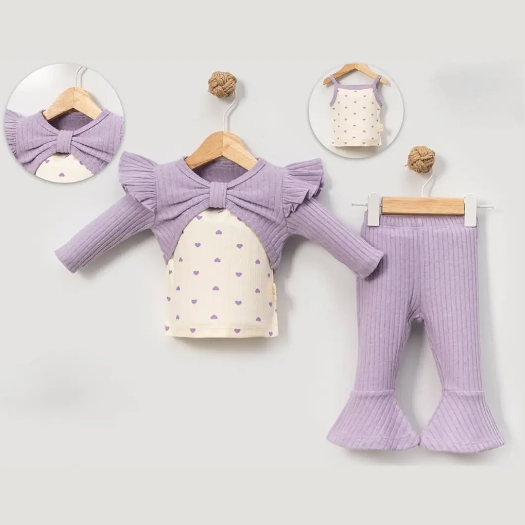 SETURI ȘI SALOPETE - Set 3 Piese Fetițe – Purple Mood – 80% Bumbac cu Maiou