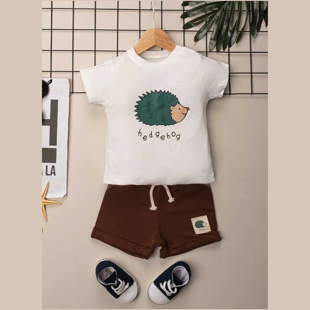 BĂIEȚEI - Set 2 Piese de Vară Băieței - Green HedgeHog, 100% Bumbac, Tricou și Pantaloni Scurți