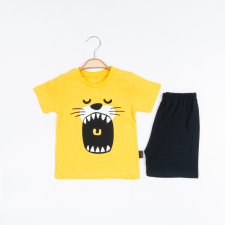 BĂIEȚI - Set 2 Piese de Vară pentru Băieței Lion Mouth- Tricou galben și Pantalon Scurt Negru