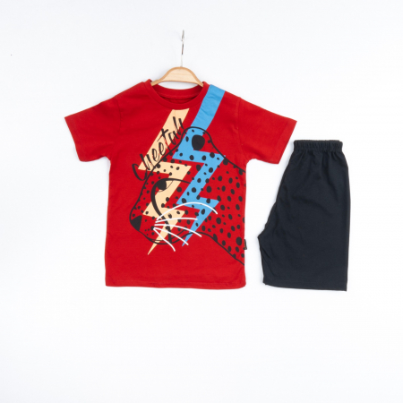 BĂIEȚI - Set 2 Piese de Vară pentru Băieți Cheetah- Tricou roșu și Pantalon Scurt Negru