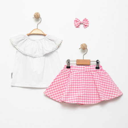 FETE - Set 2 Piese Fete "Carouri Vesele" - Top Alb și Fustă Pantalon Roz cu Alb