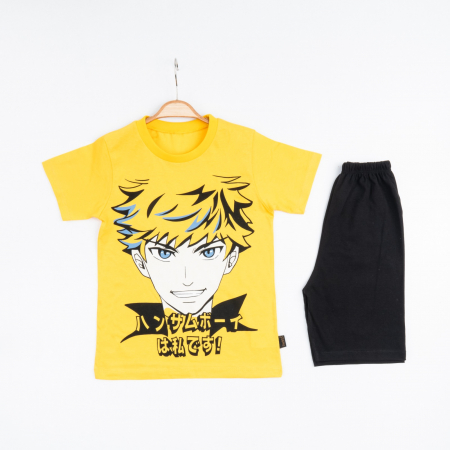 BĂIEȚI - Set 2 Piese Vară pentru Băieți Japon Boy- Tricou galben și Pantalon Scurt Negru