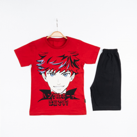 BĂIEȚI - Set 2 Piese Vară pentru Băieți Japon Boy- Tricou roșu și Pantalon Scurt Negru