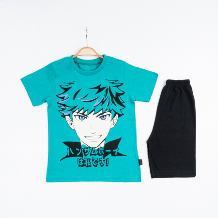 BĂIEȚI - Set 2 Piese Vară pentru Băieți Japon Boy- Tricou verde și Pantalon Scurt Negru