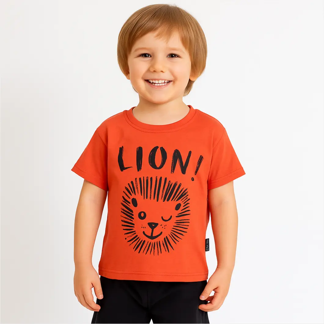 BĂIEȚEI - Set 2 Piese Vară pentru Băieți Lion - Tricou orange și Pantalon Scurt Negru