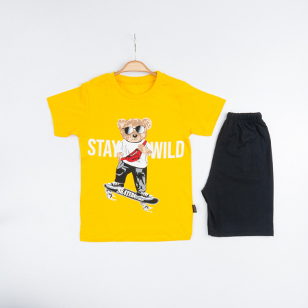 BĂIEȚI - Set 2 Piese Vară pentru Băieți Skate- Tricou Galben și Pantalon Scurt Negru