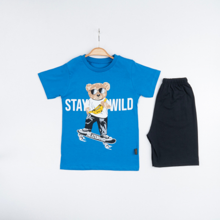 BĂIEȚI - Set 2 Piese Vară pentru Băieți Skate- Tricou albastru și Pantalon Scurt Negru