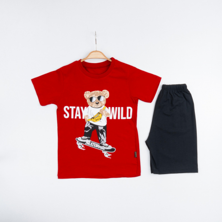 BĂIEȚI - Set 2 Piese Vară pentru Băieți Skate- Tricou roșu și Pantalon Scurt Negru