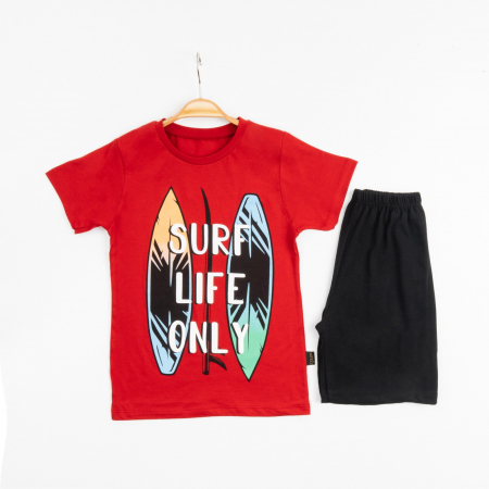 BĂIEȚI - Set 2 Piese Vară pentru Băieți Surf- Tricou Roșu și Pantalon Scurt Negru