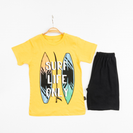 BĂIEȚI - Set 2 Piese Vară pentru Băieți Surf- Tricou galben și Pantalon Scurt Negru