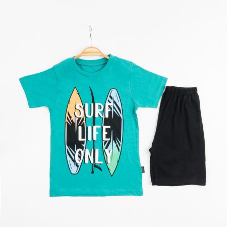 BĂIEȚI - Set 2 Piese Vară pentru Băieți Surf- Tricou verde și Pantalon Scurt Negru