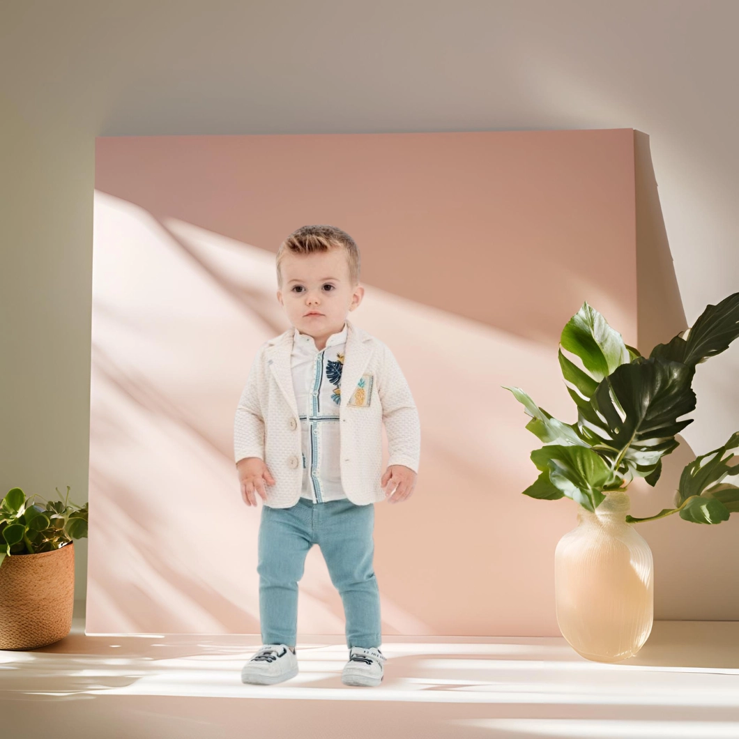 BĂIEȚEI - Set 3 Piese Băieței Tropical Jeans – Cămașă, Sacou și Pantaloni Elastici