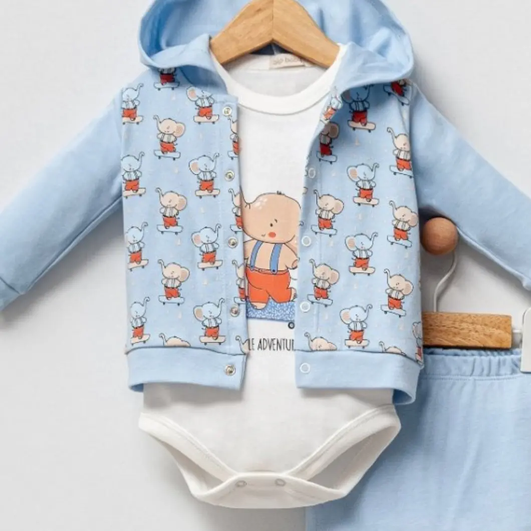 Set 100% Bumbac,3 Piese,Băieței-Elephant Fun Bleu [2]