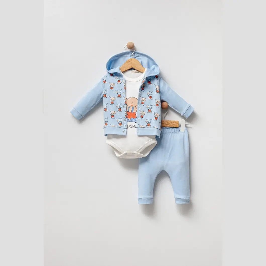 Set 100% Bumbac,3 Piese,Băieței-Elephant Fun Bleu [4]