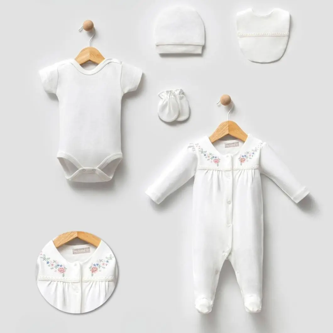SETURI ȘI SALOPETE - Set 5Piese Nou Născuți White Daisy - 100% Bumbac