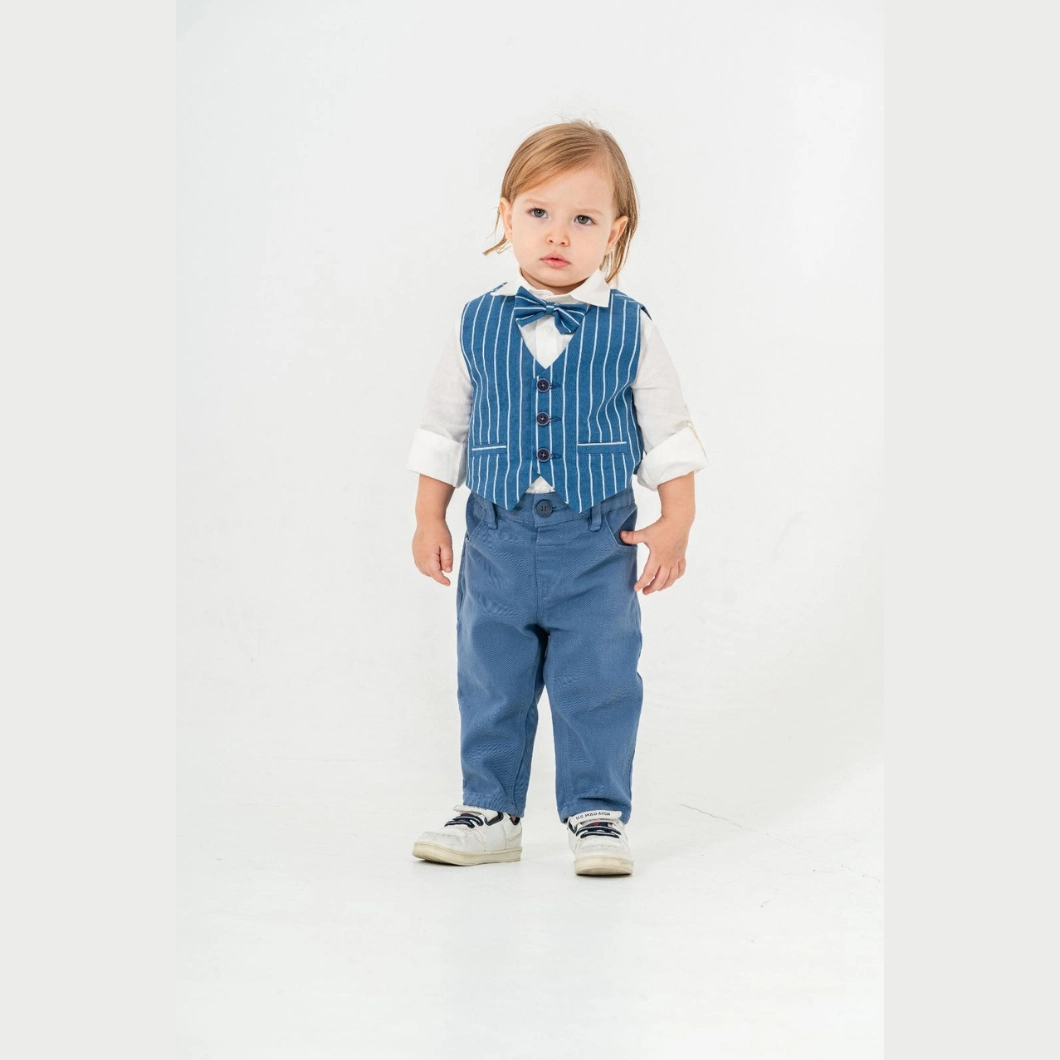 SETURI Și SALOPETE - Set 3 Piese Băieței – Vestă Dungi, Cămașă Albă, Pantaloni Indigo