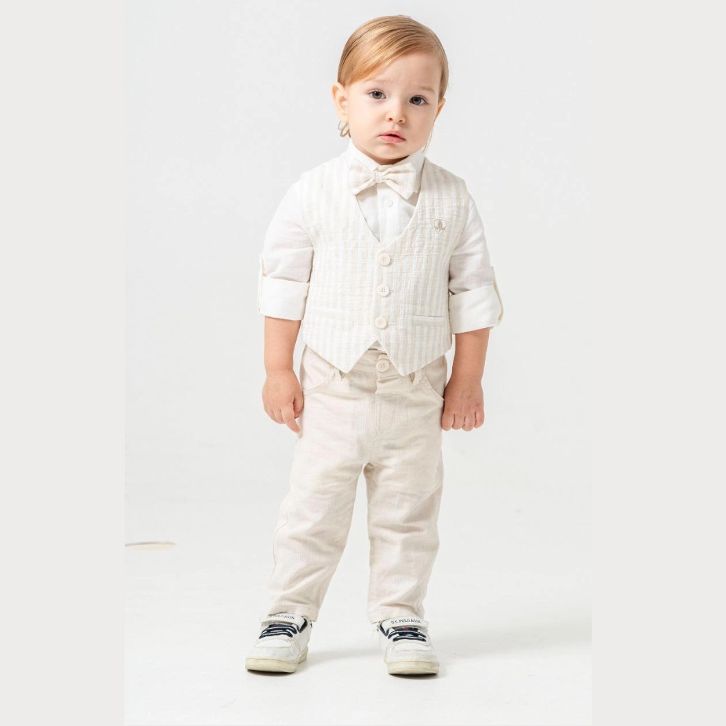 SETURI Și SALOPETE - Set Casual 3 Piese Băieței Innocence, Vestă Bej, Cămașă Albă, Pantaloni Comozi